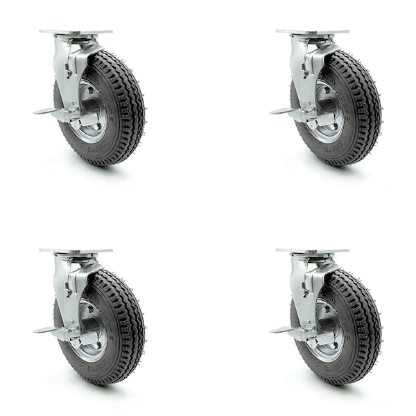 8 Inch Gray Pneumatic Wheel Swivel Casters with Brakes and Bolt Swivel Lock Set